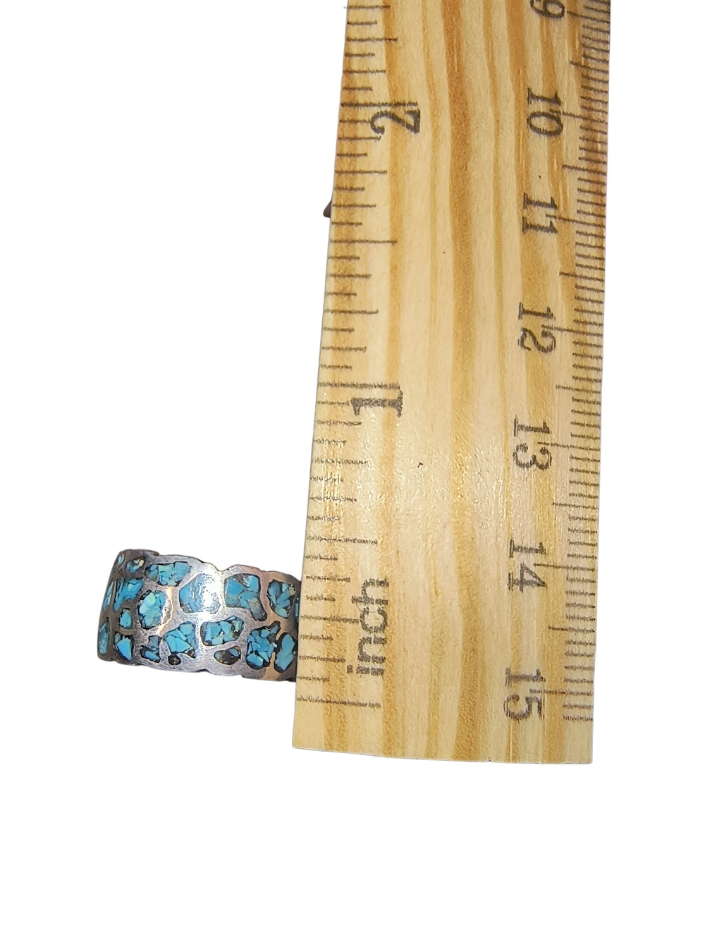 Turquoise Chip Inlay Sterling Silver Wide Band Ring - Picture 4 of 10